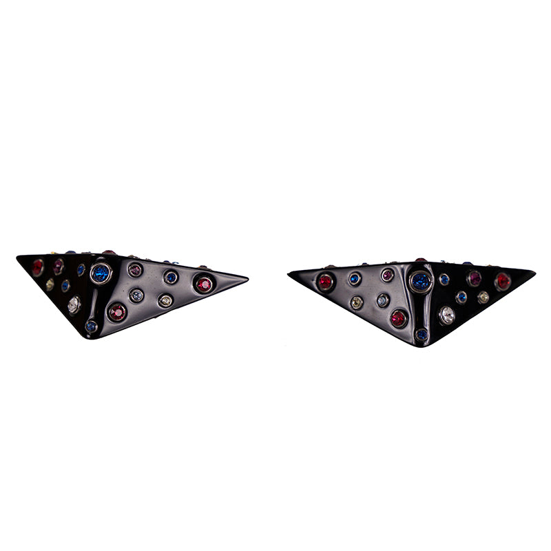 NEW $495 SAINT LAURENT 80's Crystal Black Triangle OPYUM YSL LOGO Clip EARRINGS