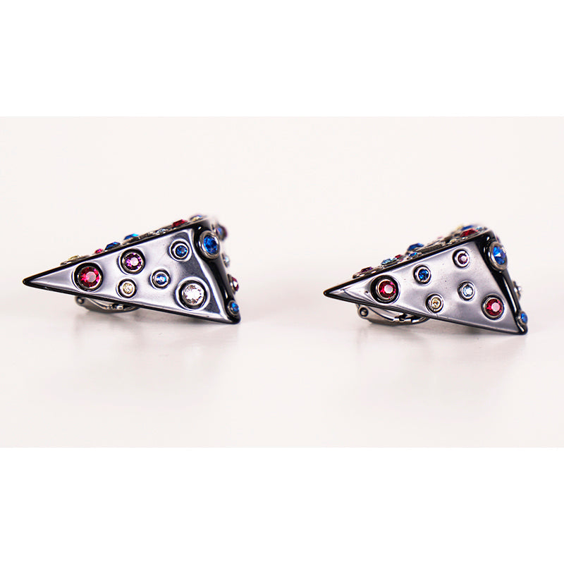 NEW $495 SAINT LAURENT 80's Crystal Black Triangle OPYUM YSL LOGO Clip EARRINGS