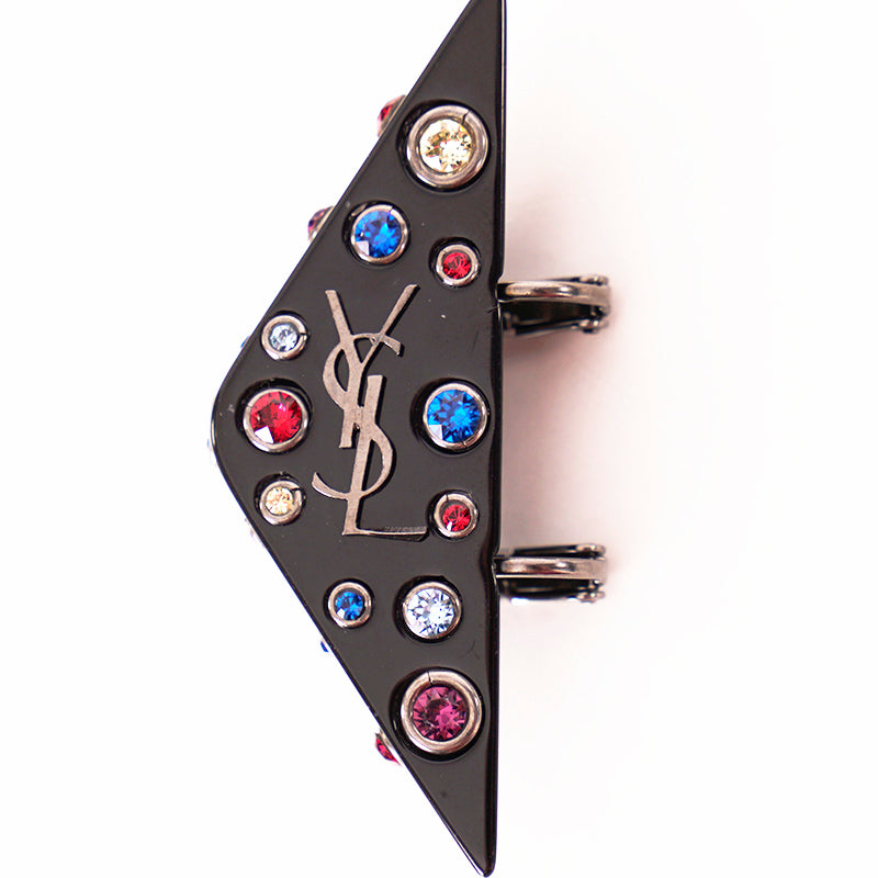 NEW $495 SAINT LAURENT 80's Crystal Black Triangle OPYUM YSL LOGO Clip EARRINGS