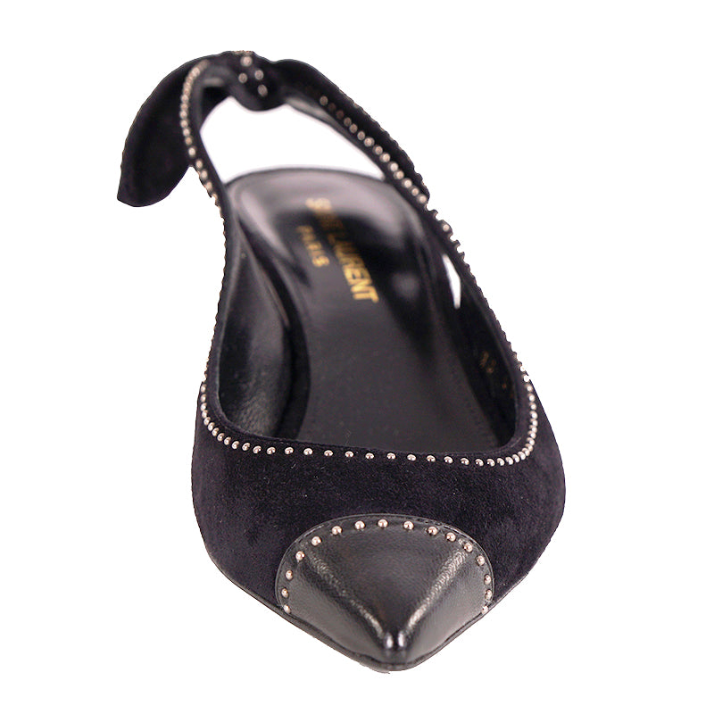 sz 37 NEW $1,095 SAINT LAURENT Black Suede STUDDED Charlotte 55 SLING BACK HEELS