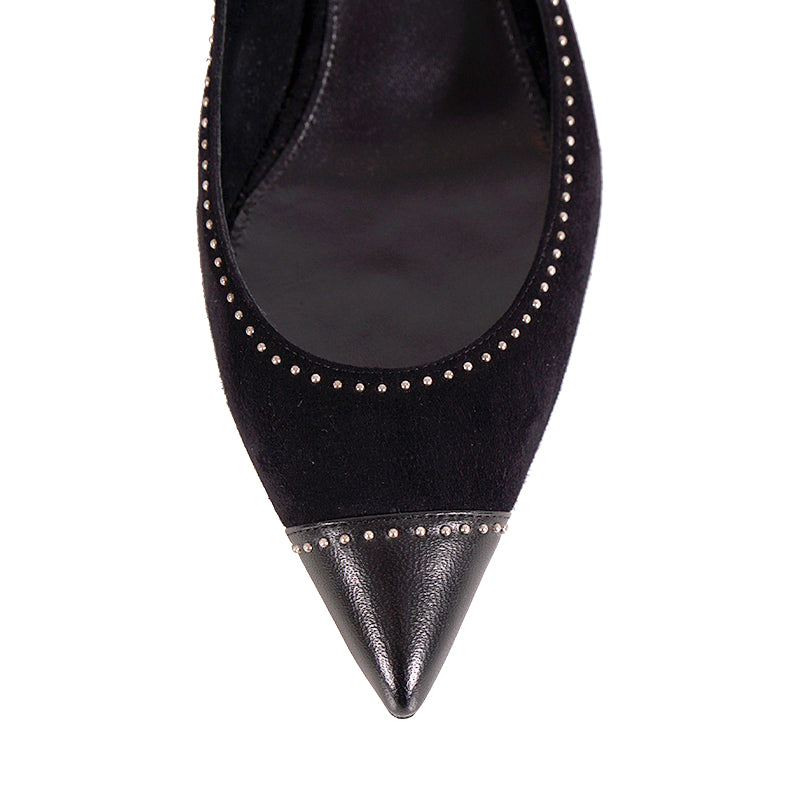 sz 37 NEW $1,095 SAINT LAURENT Black Suede STUDDED Charlotte 55 SLING BACK HEELS