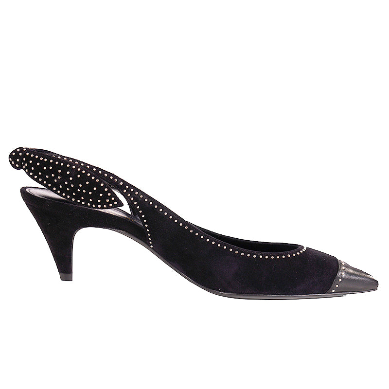sz 37 NEW $1,095 SAINT LAURENT Black Suede STUDDED Charlotte 55 SLING BACK HEELS