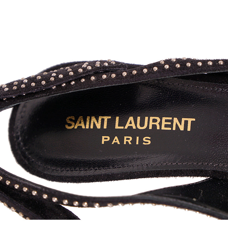 sz 37 NEW $1,095 SAINT LAURENT Black Suede STUDDED Charlotte 55 SLING BACK HEELS