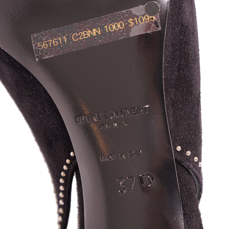 sz 37 NEW $1,095 SAINT LAURENT Black Suede STUDDED Charlotte 55 SLING BACK HEELS