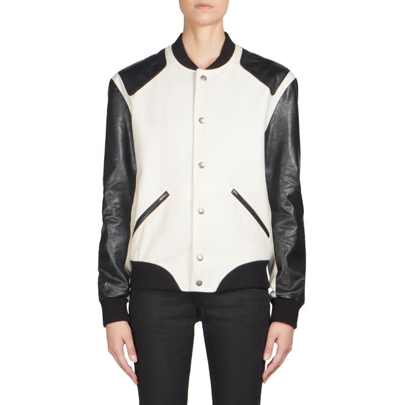 SZ 36 NEW $3,870 SAINT LAURENT Woman's HEAVEN LEATHER SLEEVE Bomber TEDDY JACKET