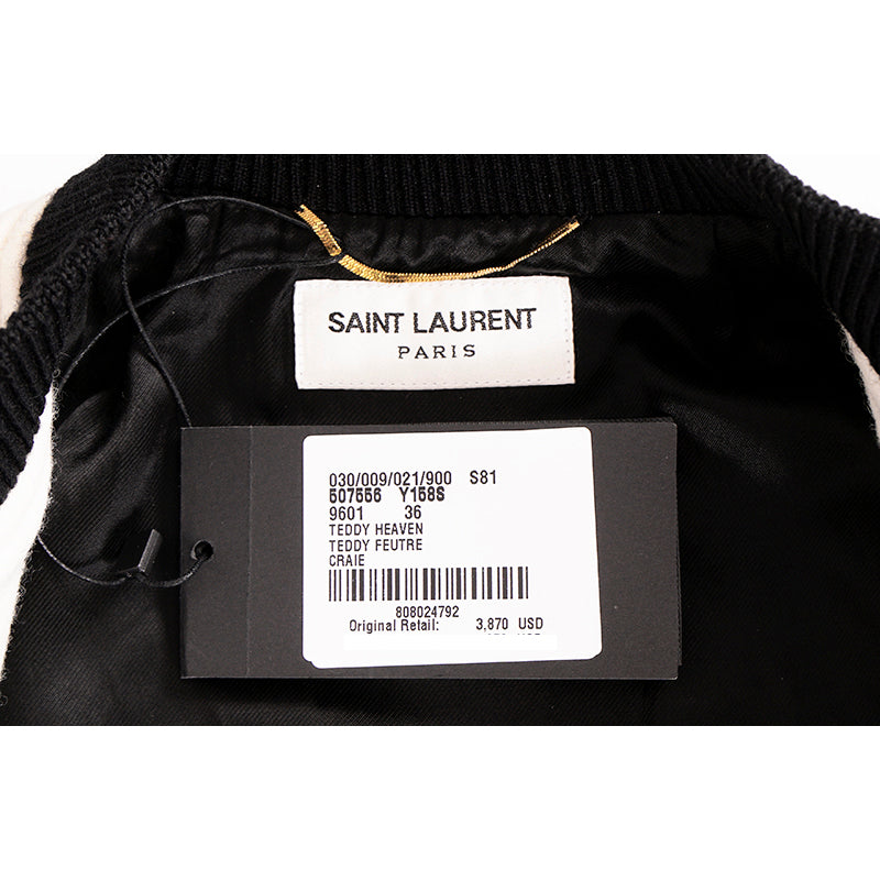 SZ 36 NEW $3,870 SAINT LAURENT Woman's HEAVEN LEATHER SLEEVE Bomber TEDDY JACKET
