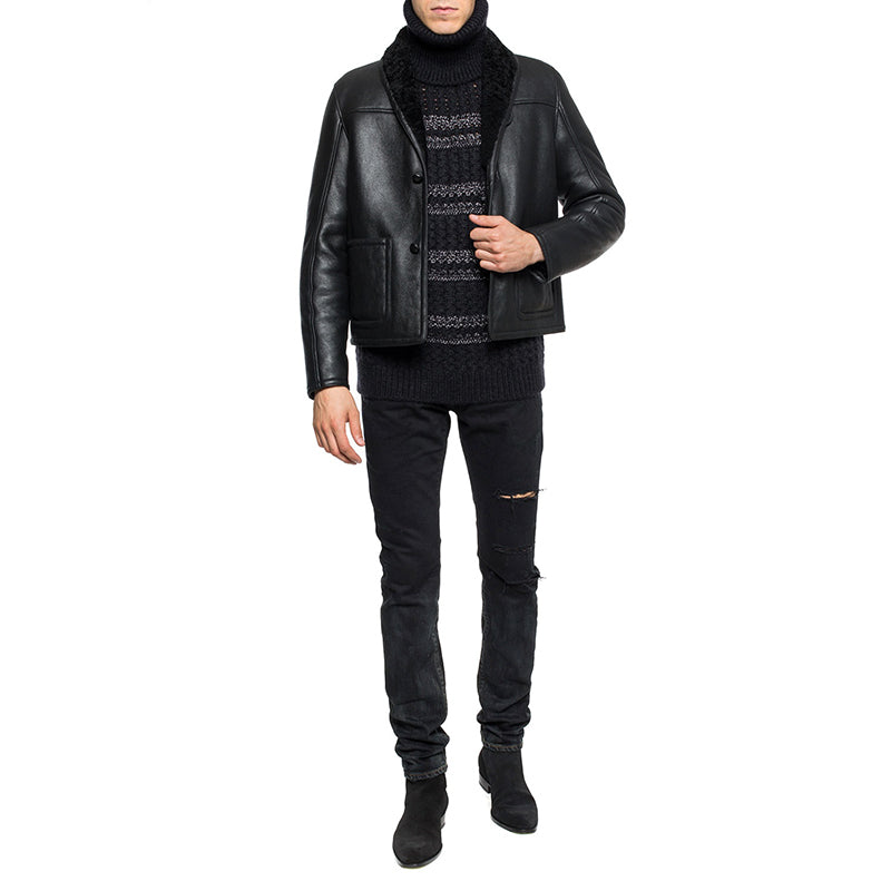 sz S NEW $1290 SAINT LAURENT Men's Black Silver Striped Wool Mohiar KNIT SWEATER