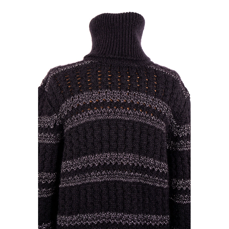 sz S NEW $1290 SAINT LAURENT Men's Black Silver Striped Wool Mohiar KNIT SWEATER