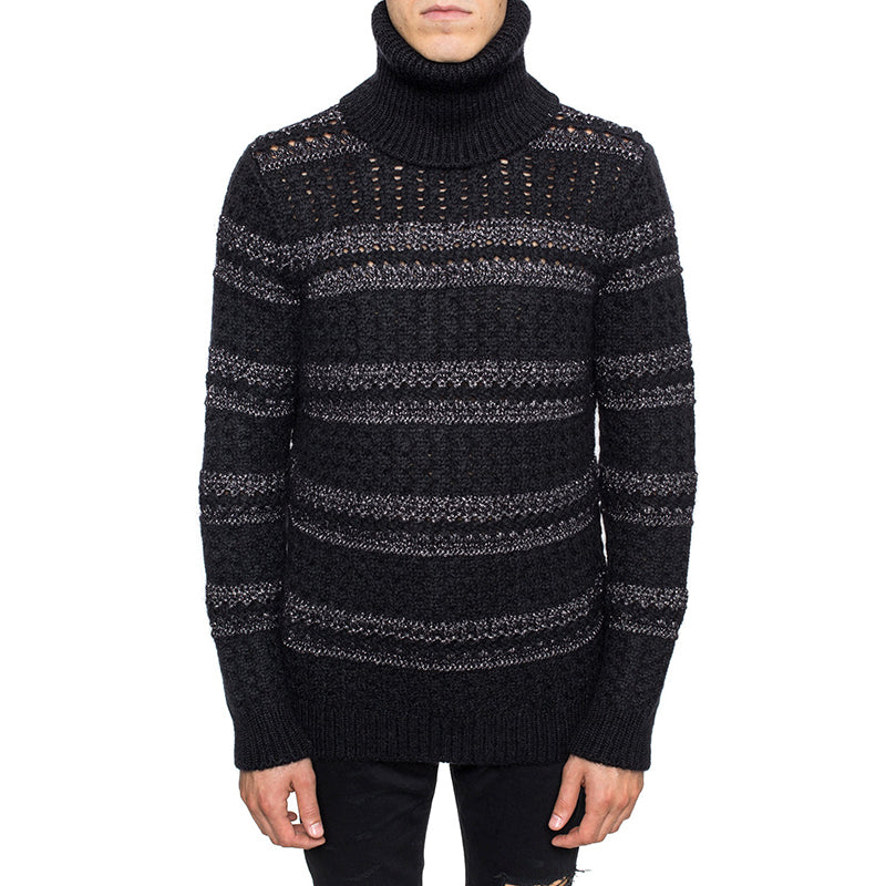 sz S NEW $1290 SAINT LAURENT Men's Black Silver Striped Wool Mohiar KNIT SWEATER