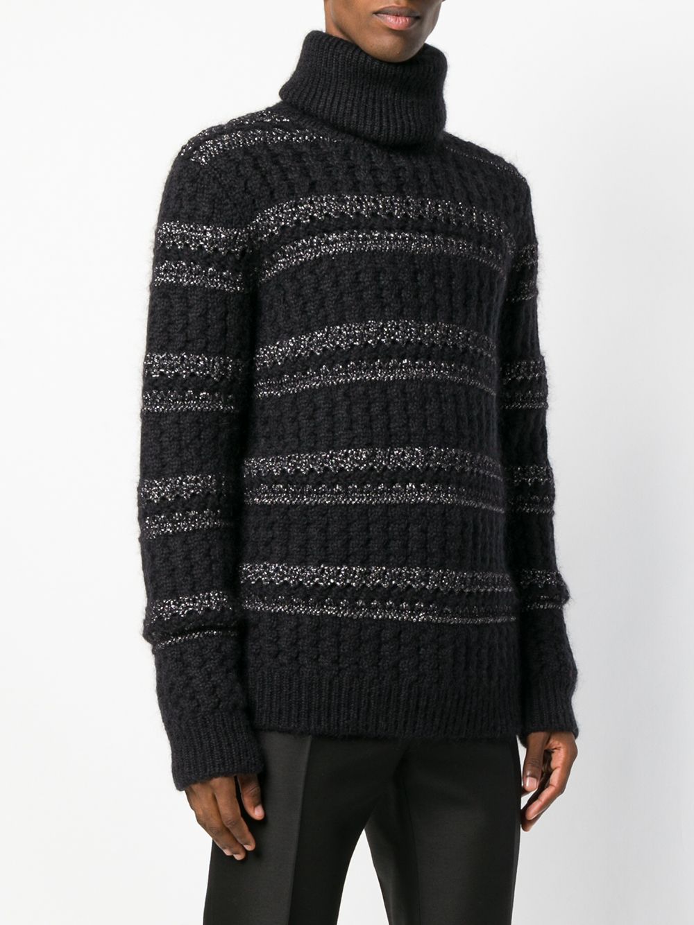 sz S NEW $1290 SAINT LAURENT Men's Black Silver Striped Wool Mohiar KNIT SWEATER
