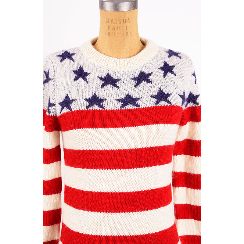 XS NEW $1290 SAINT LAURENT Wool Knit Jacquard AMERICAN Stars Striped Top SWEATER
