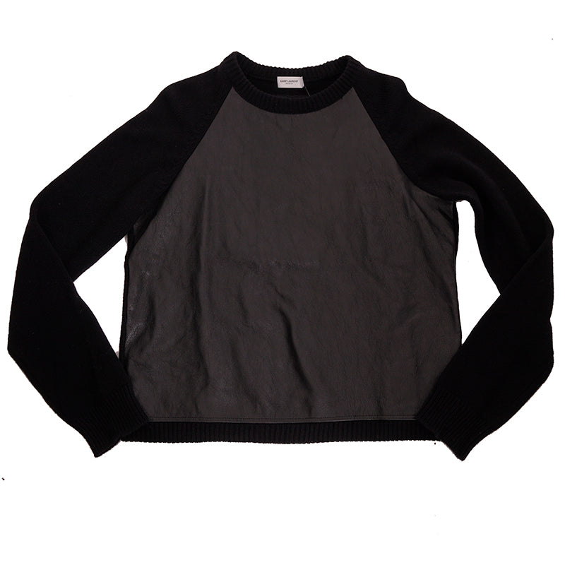 sz M NEW $1,790 SAINT LAURENT Men's Black LEATHER & Wool Cashmere Knit SWEATER
