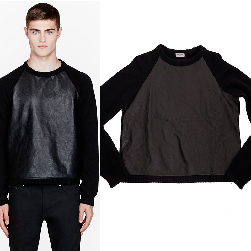 sz M NEW $1,790 SAINT LAURENT Men's Black LEATHER & Wool Cashmere Knit SWEATER