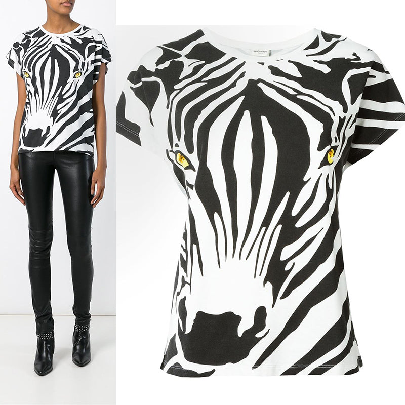 sz XS NEW $850 SAINT LAURENT White BLACK ZEBRA FACE & PRINT Cotton T-Shirt TOP