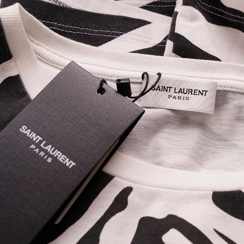 sz XS NEW $850 SAINT LAURENT White BLACK ZEBRA FACE & PRINT Cotton T-Shirt TOP