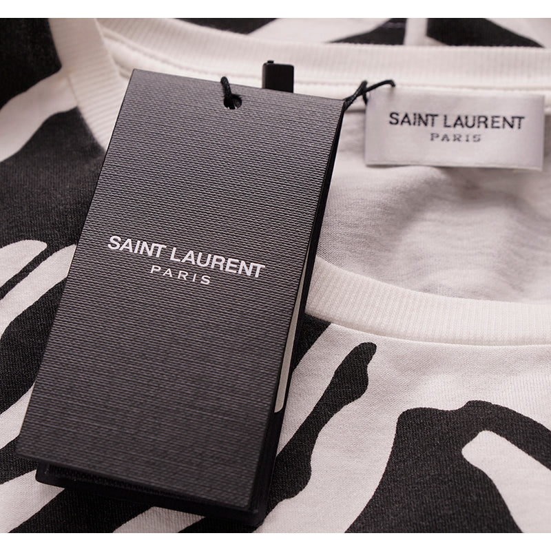 sz XS NEW $850 SAINT LAURENT White BLACK ZEBRA FACE & PRINT Cotton T-Shirt TOP