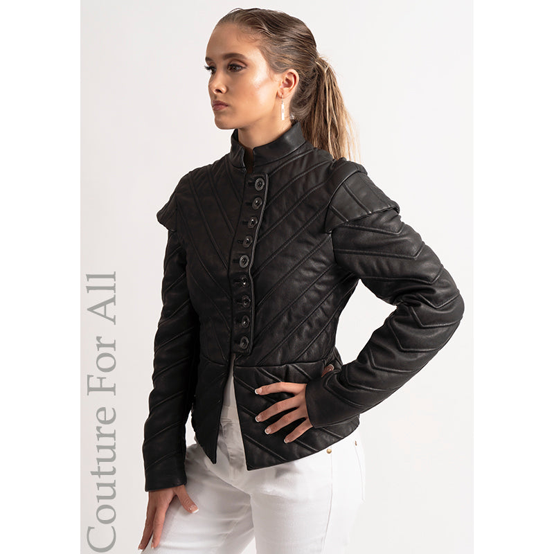 SZ 38 NEW $3,795 BURBERRY Black Leather CHEVRON Panelled Military Gothic JACKET
