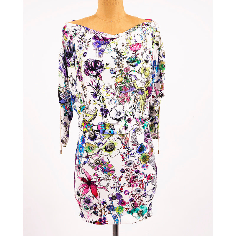 sz 38 XS NEW $1,190 ROBERTO CAVALLI White Jersey ASTRO GARDEN FLORAL Robot DRESS