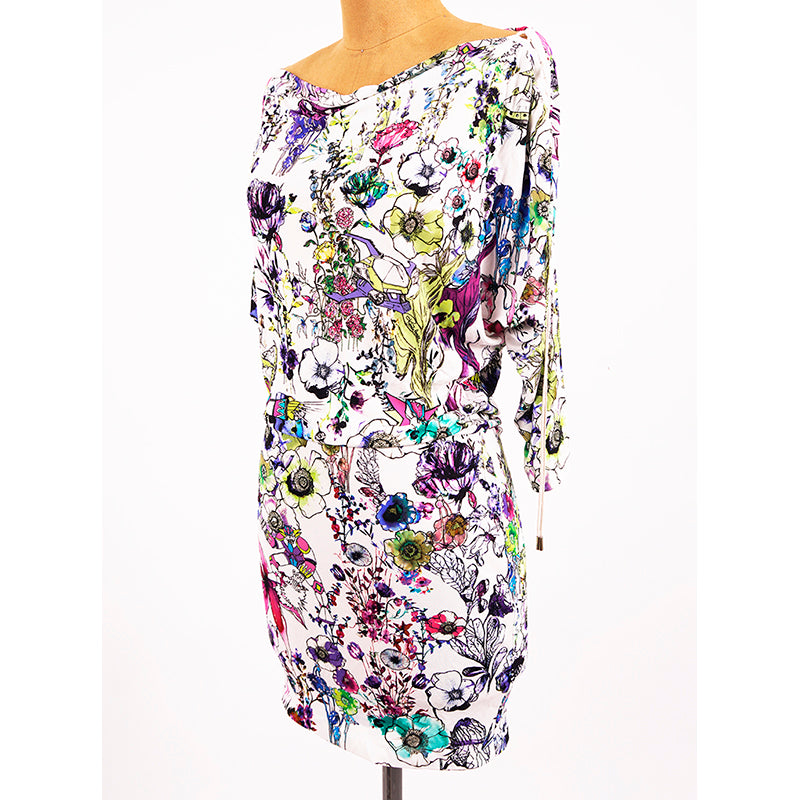 sz 38 XS NEW $1,190 ROBERTO CAVALLI White Jersey ASTRO GARDEN FLORAL Robot DRESS