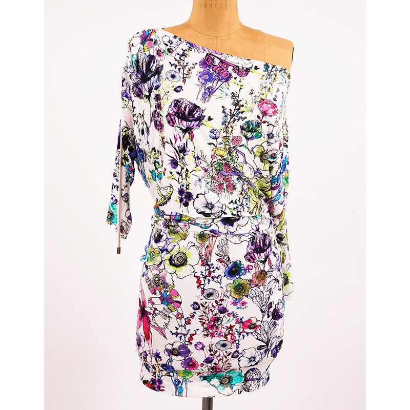 sz 38 XS NEW $1,190 ROBERTO CAVALLI White Jersey ASTRO GARDEN FLORAL Robot DRESS