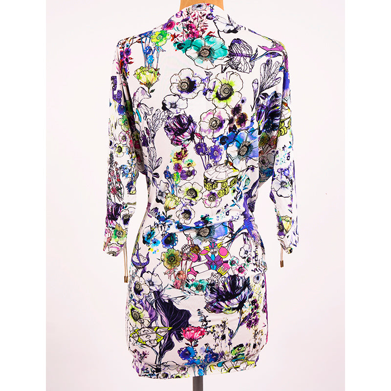 sz 38 XS NEW $1,190 ROBERTO CAVALLI White Jersey ASTRO GARDEN FLORAL Robot DRESS