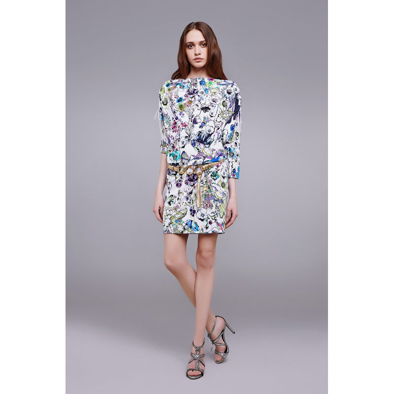 sz 38 XS NEW $1,190 ROBERTO CAVALLI White Jersey ASTRO GARDEN FLORAL Robot DRESS