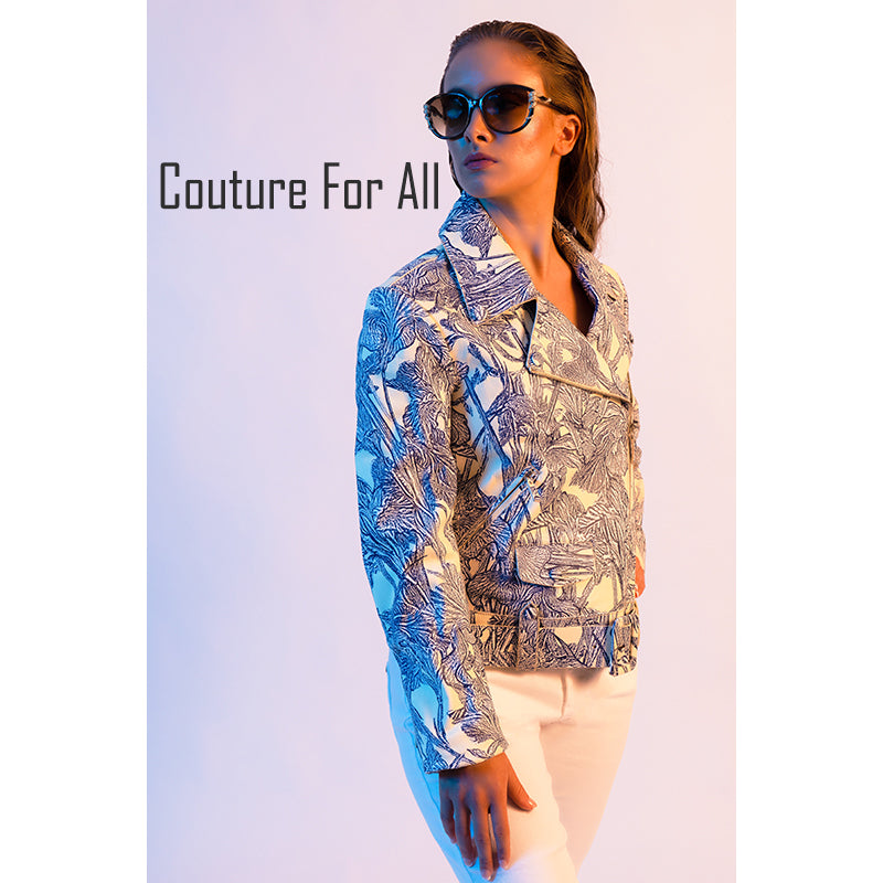 40 NEW $6395 ROBERTO CAVALLI RUNWAY Blue Botanic Print LEATHER Motorcycle JACKET