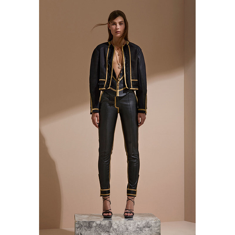 38 NEW $3,595 ROBERTO CAVALLI RUNWAY Black LEATHER Gold Trim Motorcycle JACKET