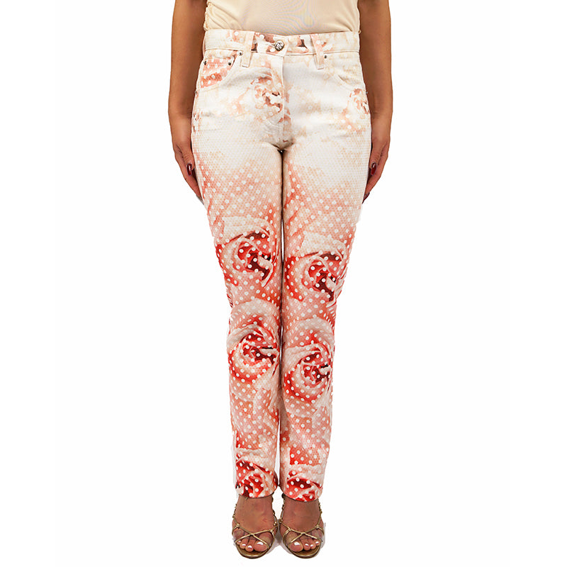 38 & 40 NEW $1155 ROBERTO CAVALLI Pink FLORAL POLKA DOT Skinny Spring JEANS PANTS XS