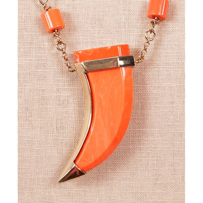 NEW $647 ROBERTO CAVALLI Gold Tone MARBLE ORANGE TOOTH HORN Beaded NECKLACE