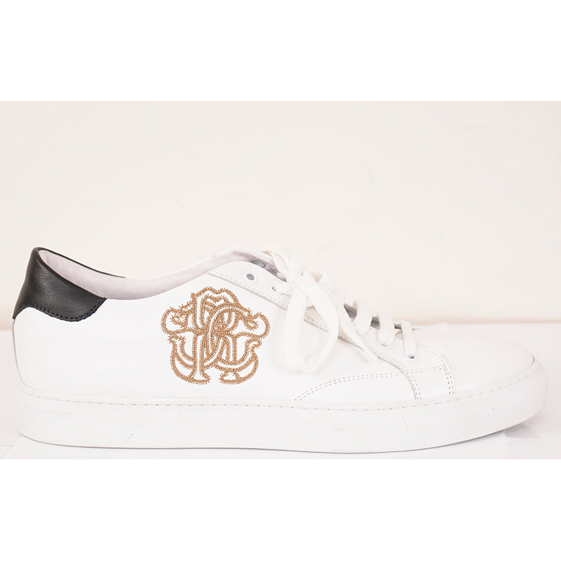 SZ 45 US 12 NEW $425 ROBERTO CAVALLI Mens White GOLD RC LOGO Low Top SNEAKERS