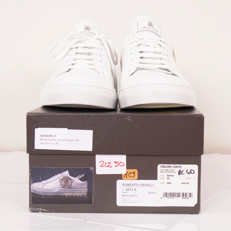 SZ 45 US 12 NEW $425 ROBERTO CAVALLI Mens White GOLD RC LOGO Low Top SNEAKERS