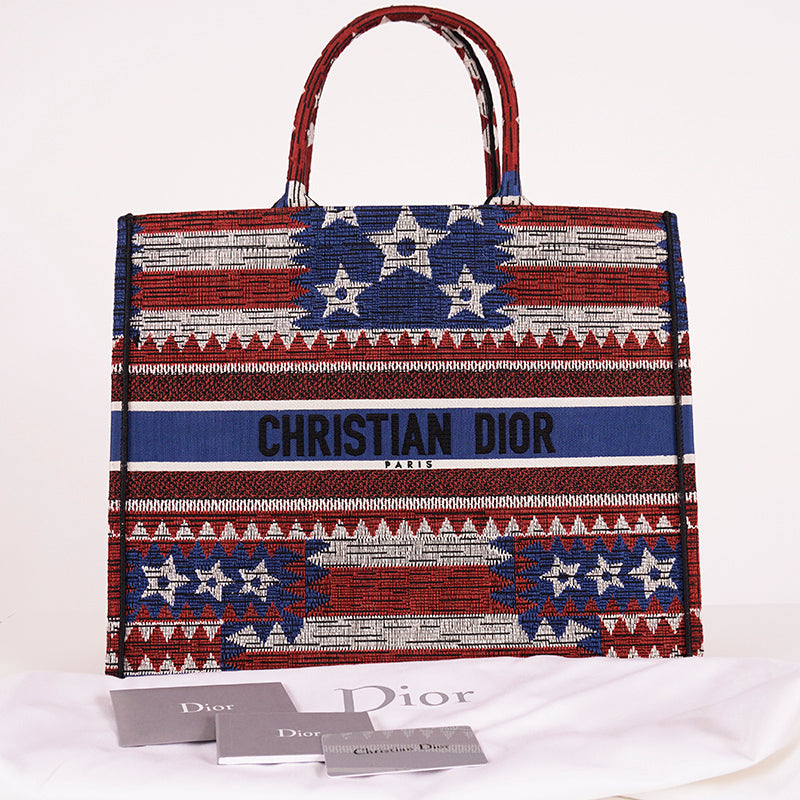 NEW $3050 CHRISTIAN DIOR American FLAG Embroidered Canvas LARGE BOOK TOTE BAG