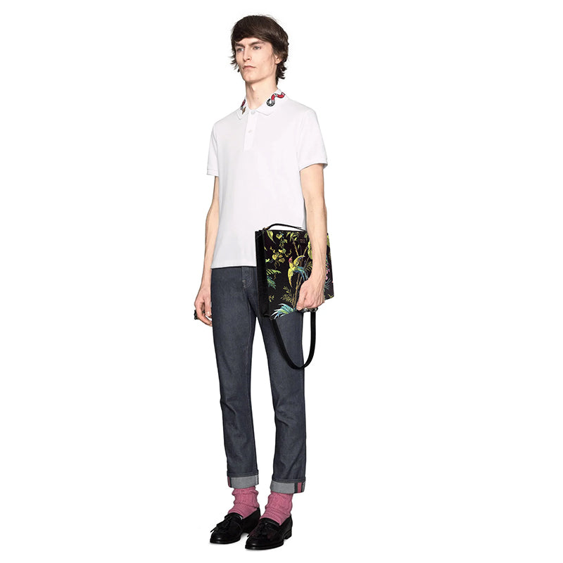 NEW $1,890 GUCCI Black Leather TROPICAL BIRD PRINT CAPSULE Crossbody Strap BAG