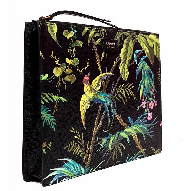 NEW $1,890 GUCCI Black Leather TROPICAL BIRD PRINT CAPSULE Crossbody Strap BAG