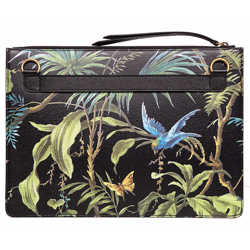 NEW $1,890 GUCCI Black Leather TROPICAL BIRD PRINT CAPSULE Crossbody Strap BAG