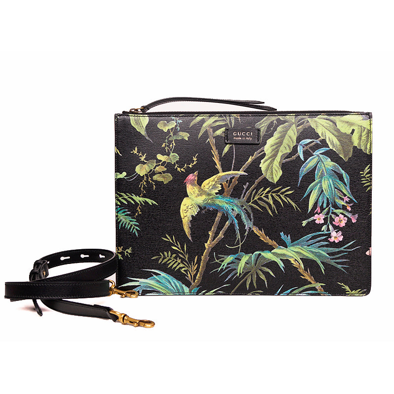 NEW $1,890 GUCCI Black Leather TROPICAL BIRD PRINT CAPSULE Crossbody Strap BAG