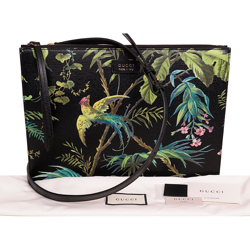 NEW $1,890 GUCCI Black Leather TROPICAL BIRD PRINT CAPSULE Crossbody Strap BAG
