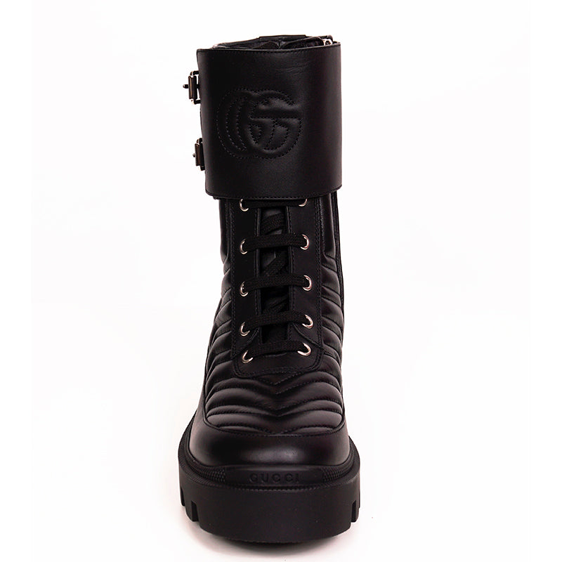 38 NEW $1190 GUCCI Black Leather Matelassé Interlocking GG Frances COMBAT BOOTS