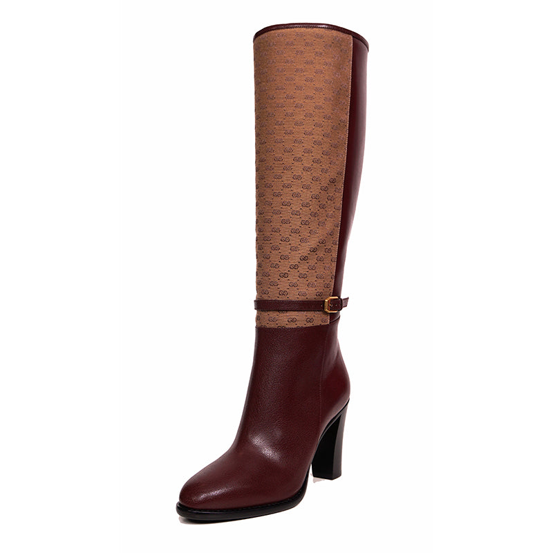 37 NEW $1590 GUCCI Micro GG Canvas Bordeaux Leather FINN KNEE RIDING BOOTS NIB