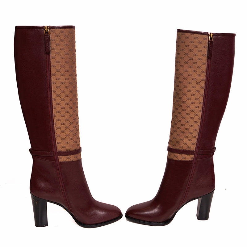 37 NEW $1590 GUCCI Micro GG Canvas Bordeaux Leather FINN KNEE RIDING BOOTS NIB