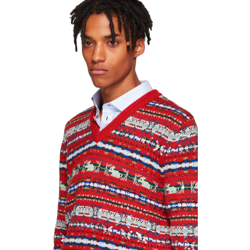 M NEW $2,200 GUCCI Men's RUNWAY Red Wool GG LOGO Jacquard V-NECK Sweater