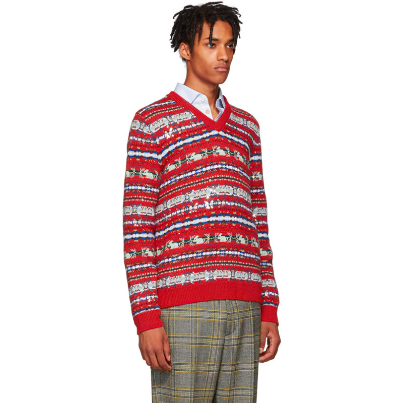 M NEW $2,200 GUCCI Men's RUNWAY Red Wool GG LOGO Jacquard V-NECK Sweater