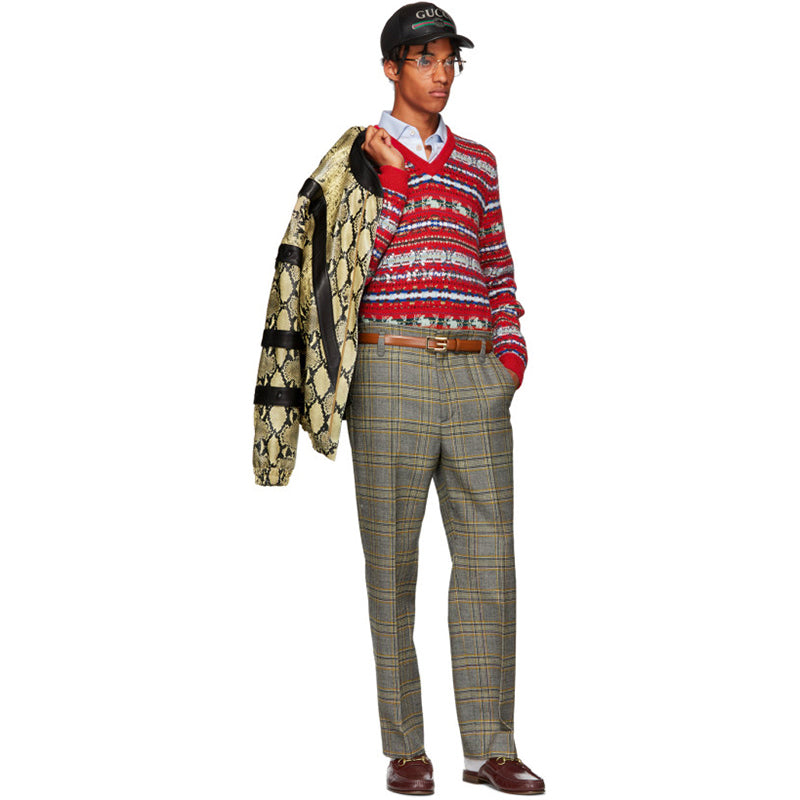 M NEW $2,200 GUCCI Men's RUNWAY Red Wool GG LOGO Jacquard V-NECK Sweater