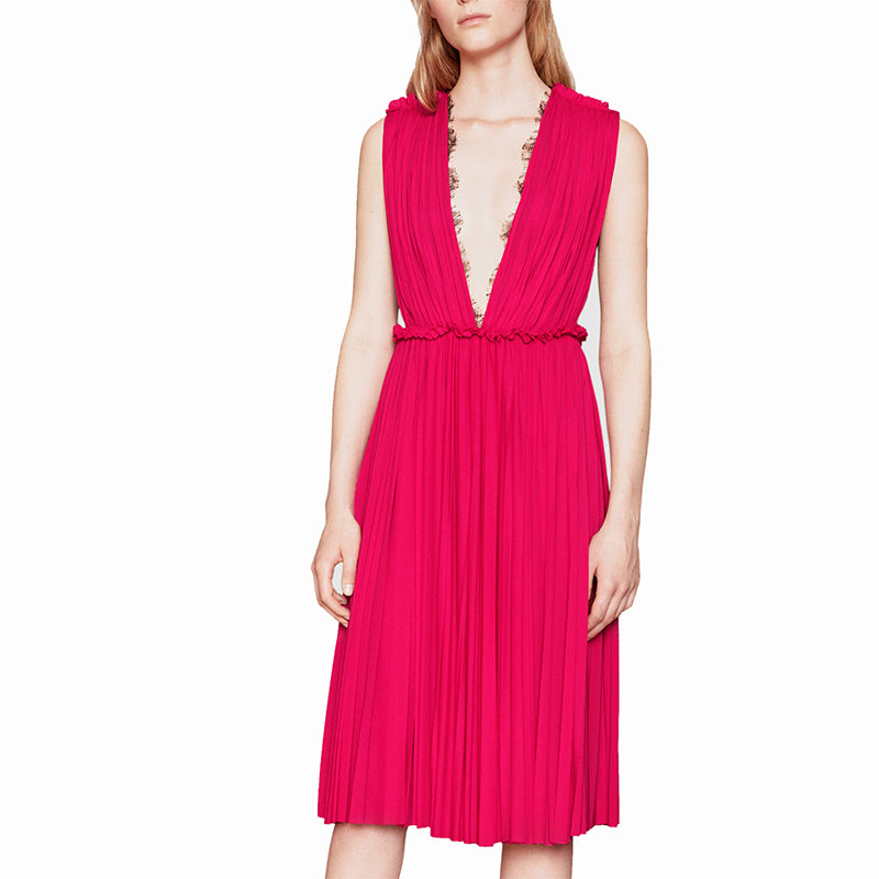 XS & L NEW $2500 GUCCI Pink PLISSE' Jersey BLACK SHEER LACE KEYHOLE BACK Sexy DRESS