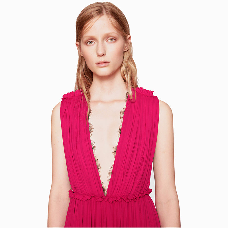 XS & L NEW $2500 GUCCI Pink PLISSE' Jersey BLACK SHEER LACE KEYHOLE BACK Sexy DRESS