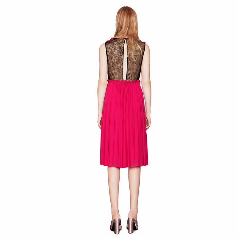 XS & L NEW $2500 GUCCI Pink PLISSE' Jersey BLACK SHEER LACE KEYHOLE BACK Sexy DRESS
