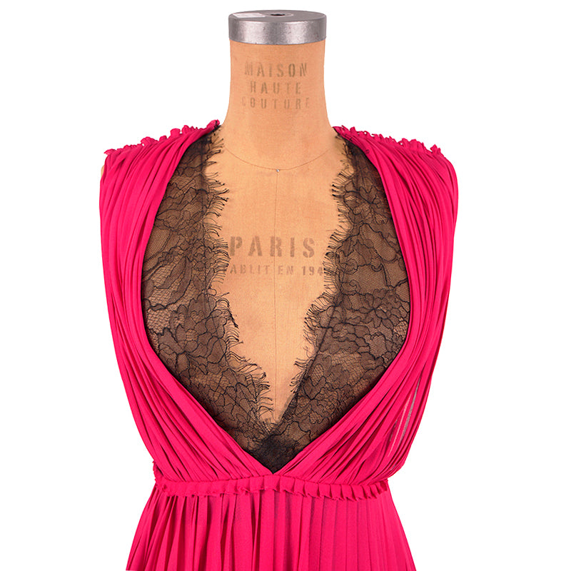 XS & L NEW $2500 GUCCI Pink PLISSE' Jersey BLACK SHEER LACE KEYHOLE BACK Sexy DRESS