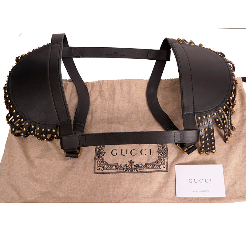NEW $3,300 GUCCI RUNWAY Black Leather Brass TIGER FRINGE Adjustable BODY HARNESS