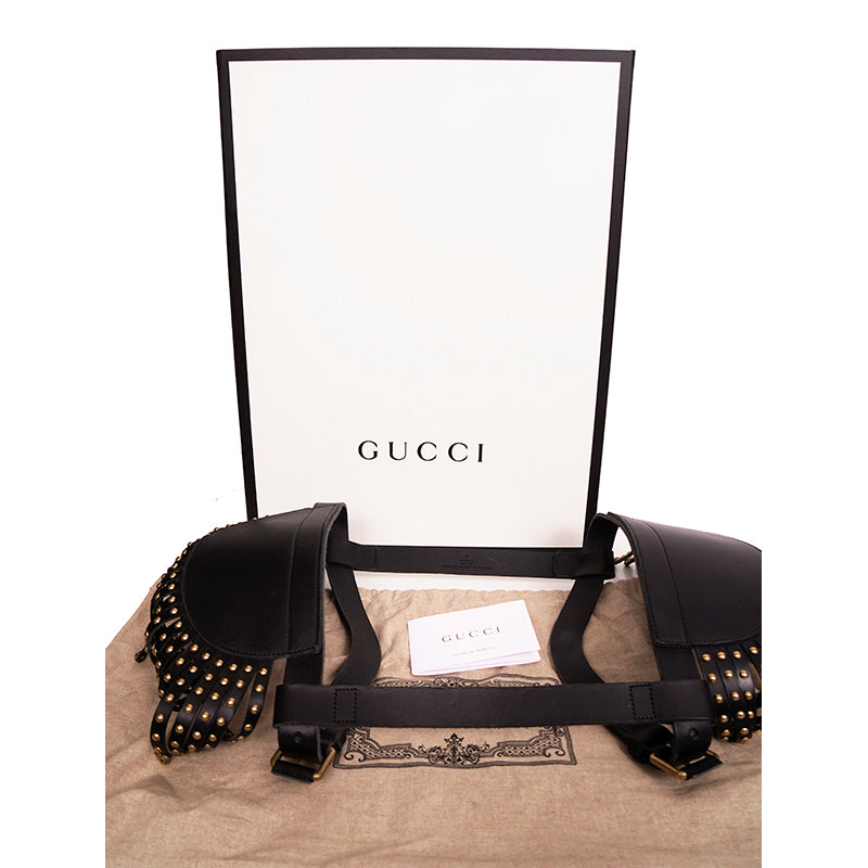 NEW $3,300 GUCCI RUNWAY Black Leather Brass TIGER FRINGE Adjustable BODY HARNESS